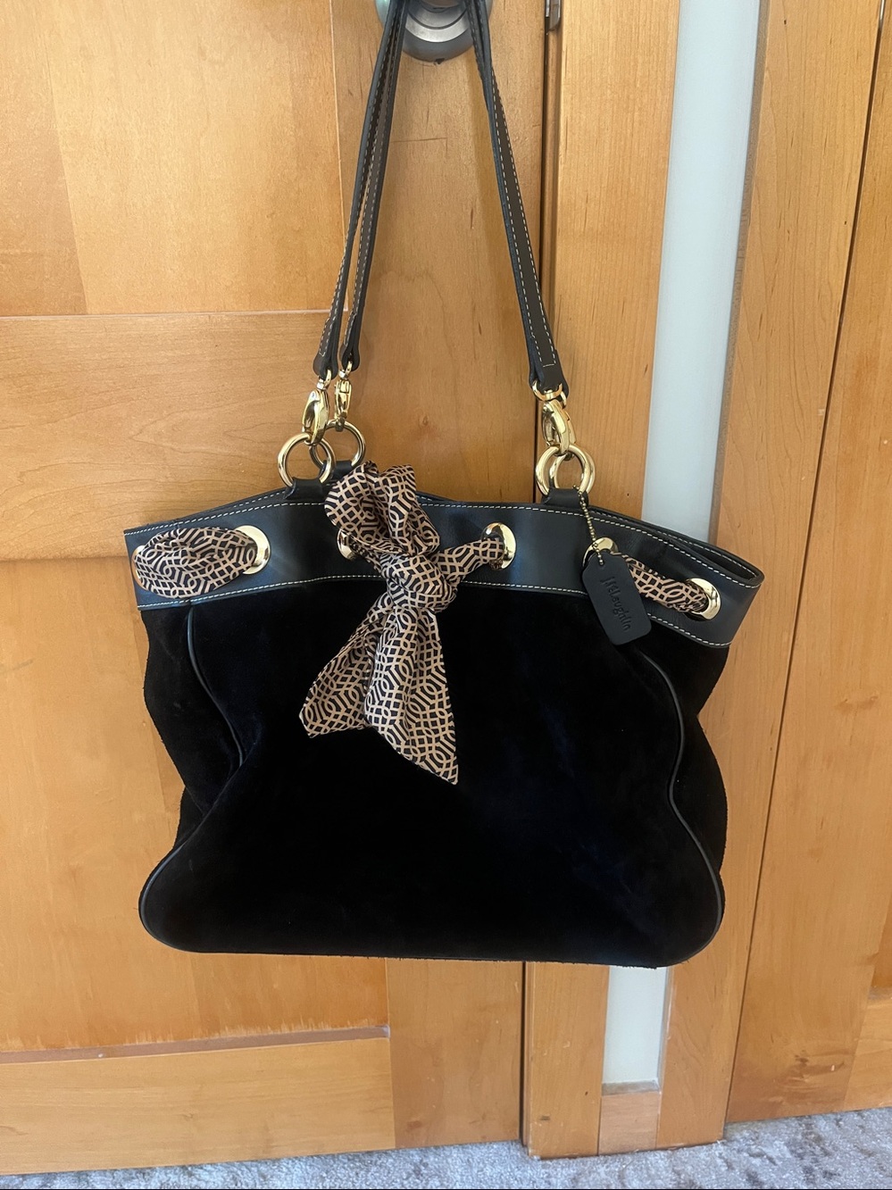 J .McLaughlin Tote Satchel Bag Suede w/Leather Trim Attached Scarf Black Gold